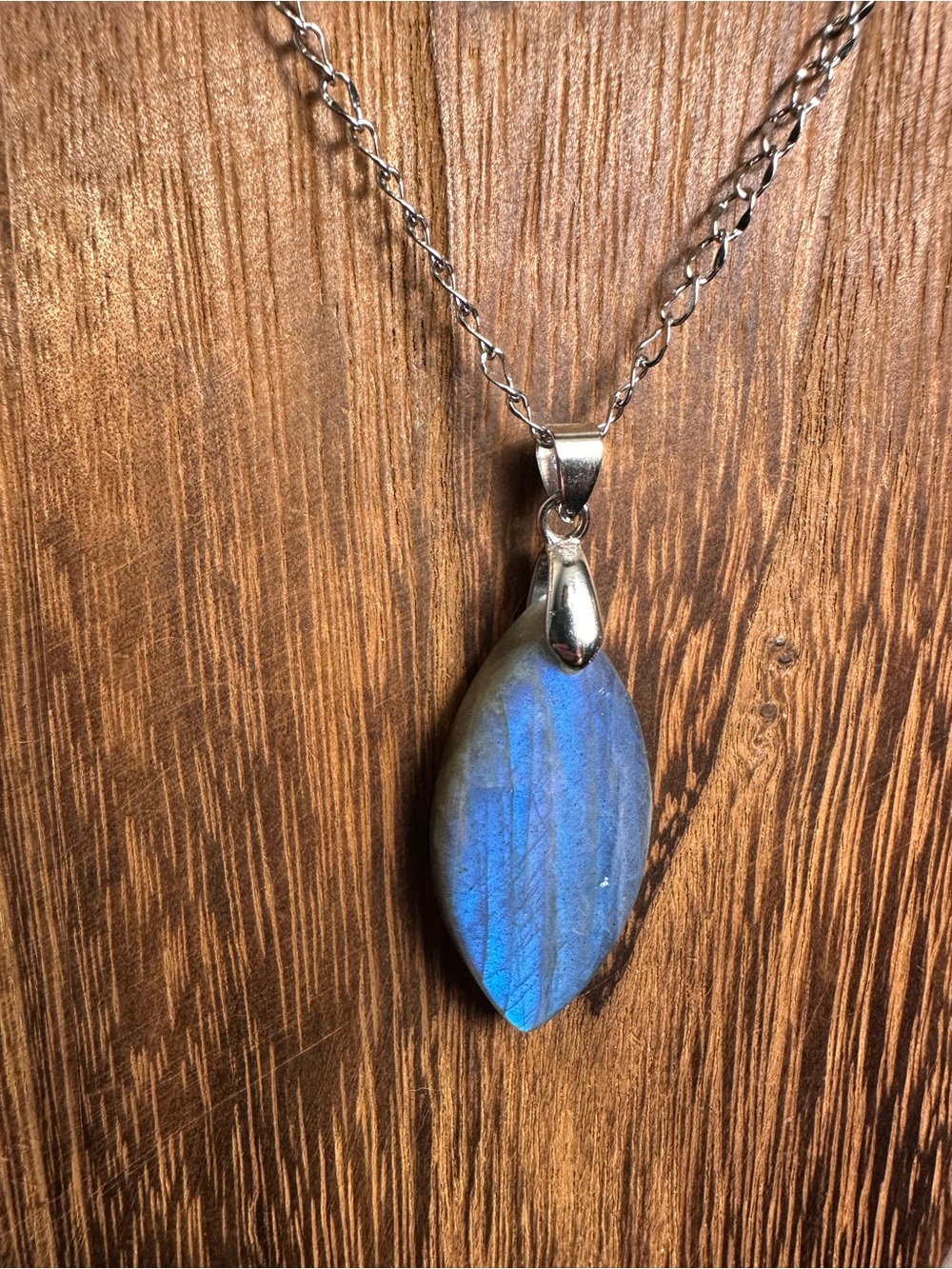 Blue Labradorite Marquise Shaped Pendant Necklace on Stainless Steel Chain - Picture 11 of 16